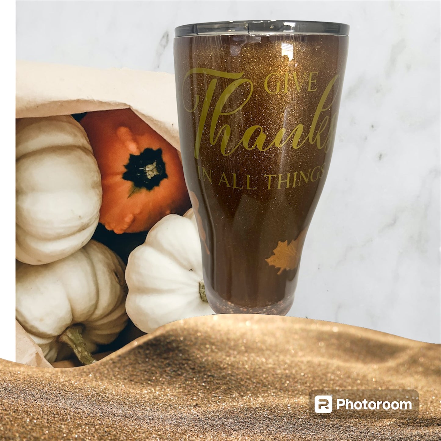 30oz curve Dark brown fall tumbler-Give thanks in all things